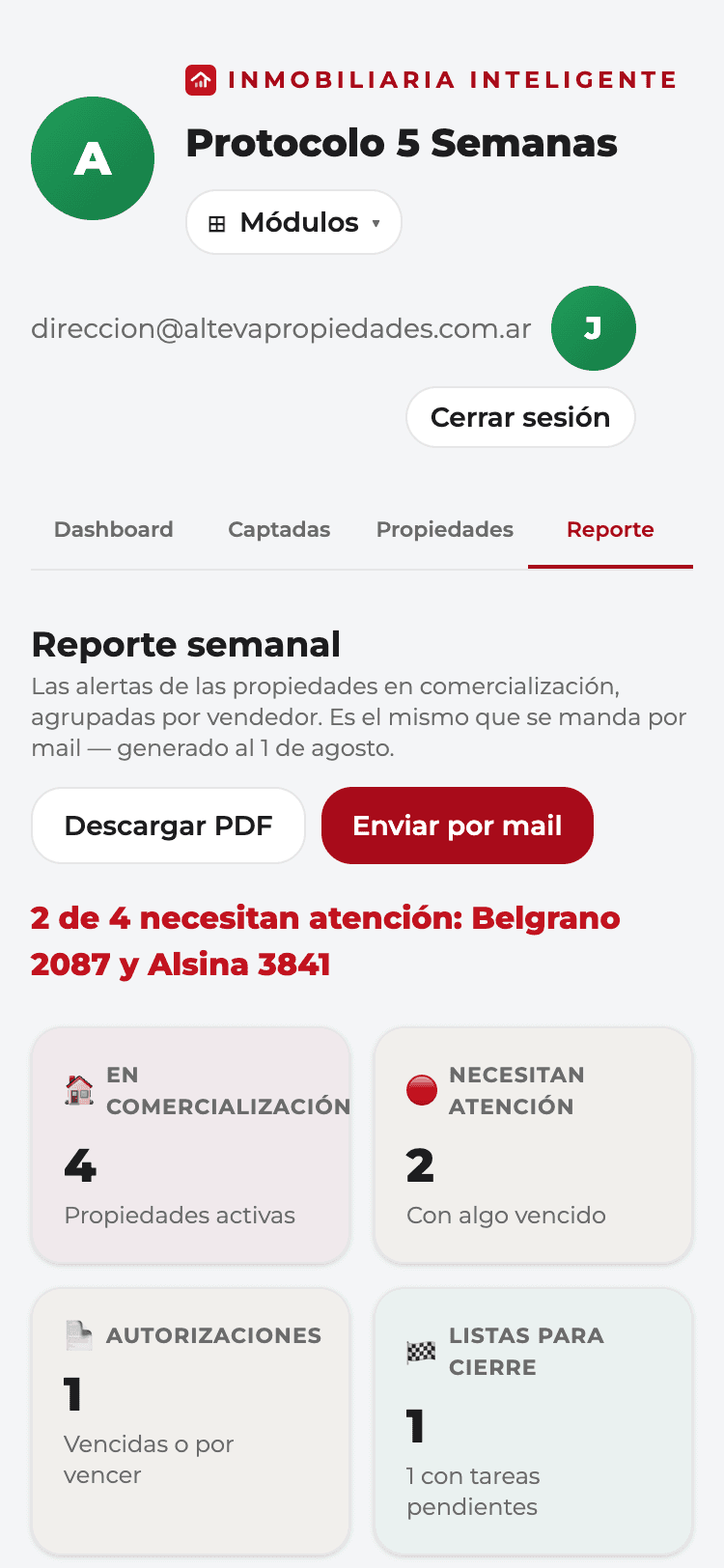 El reporte semanal del Protocolo visto en un teléfono, con las propiedades que necesitan atención agrupadas por vendedor.