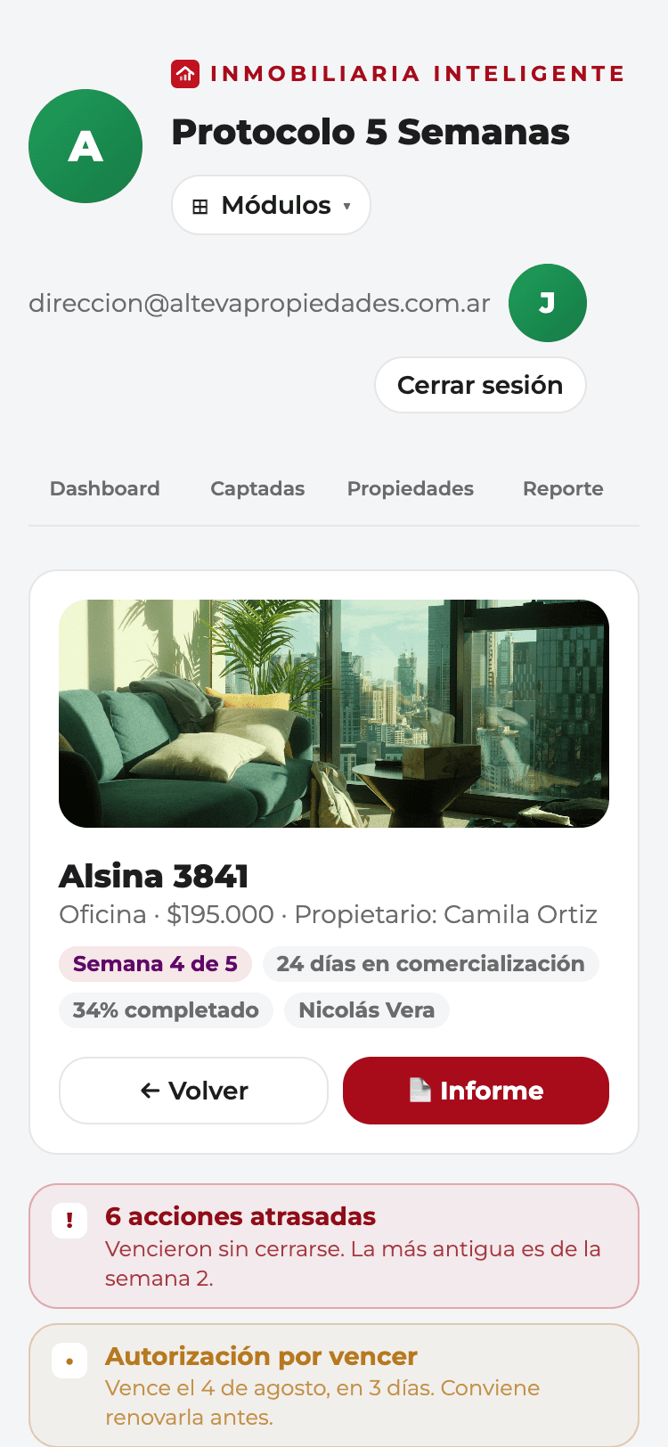 La misma ficha vista en un teléfono, con la tira de cinco semanas y las alertas.
