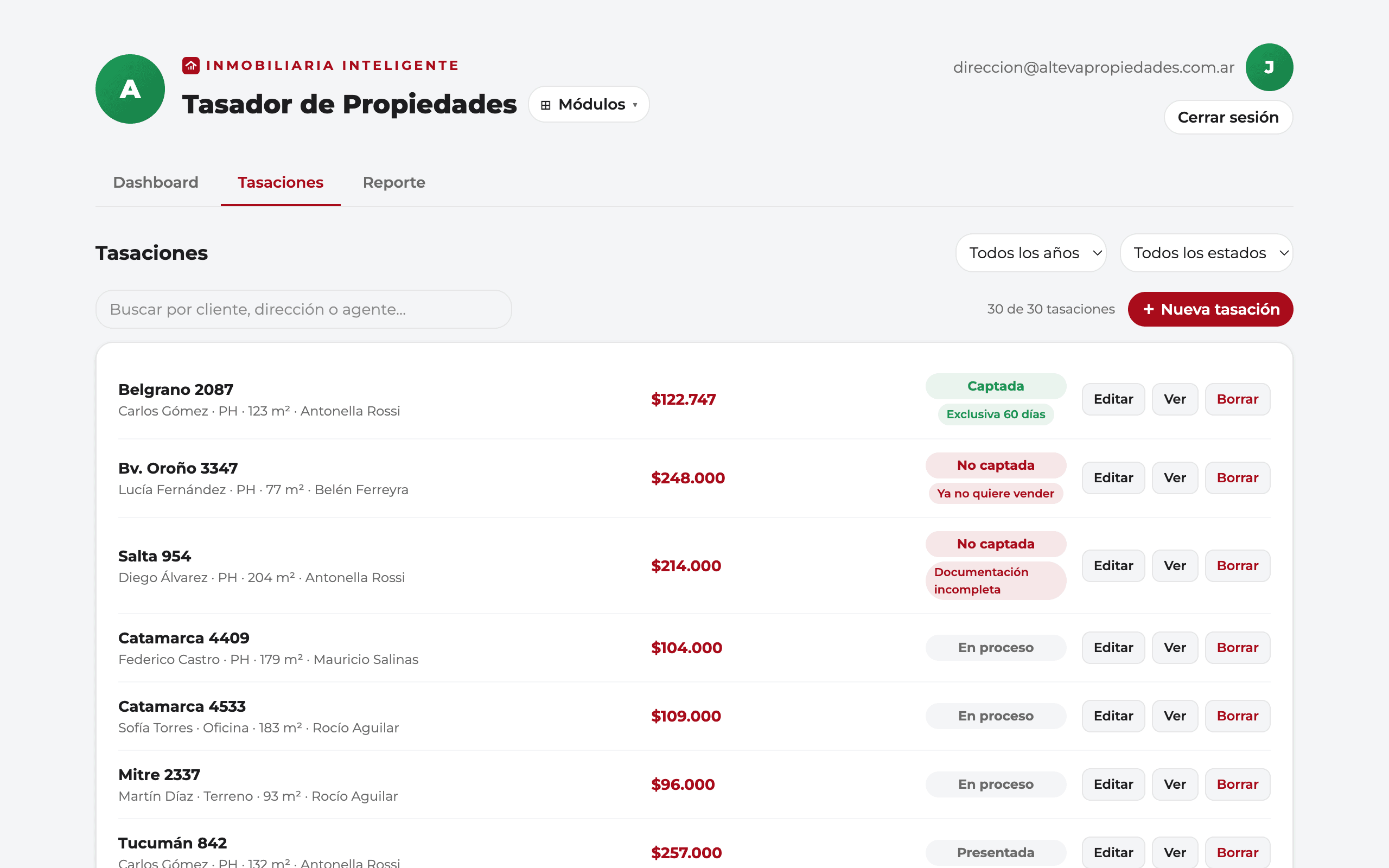 Listado de tasaciones con su cliente, tipo de propiedad, superficie, vendedor y estado de captación.
