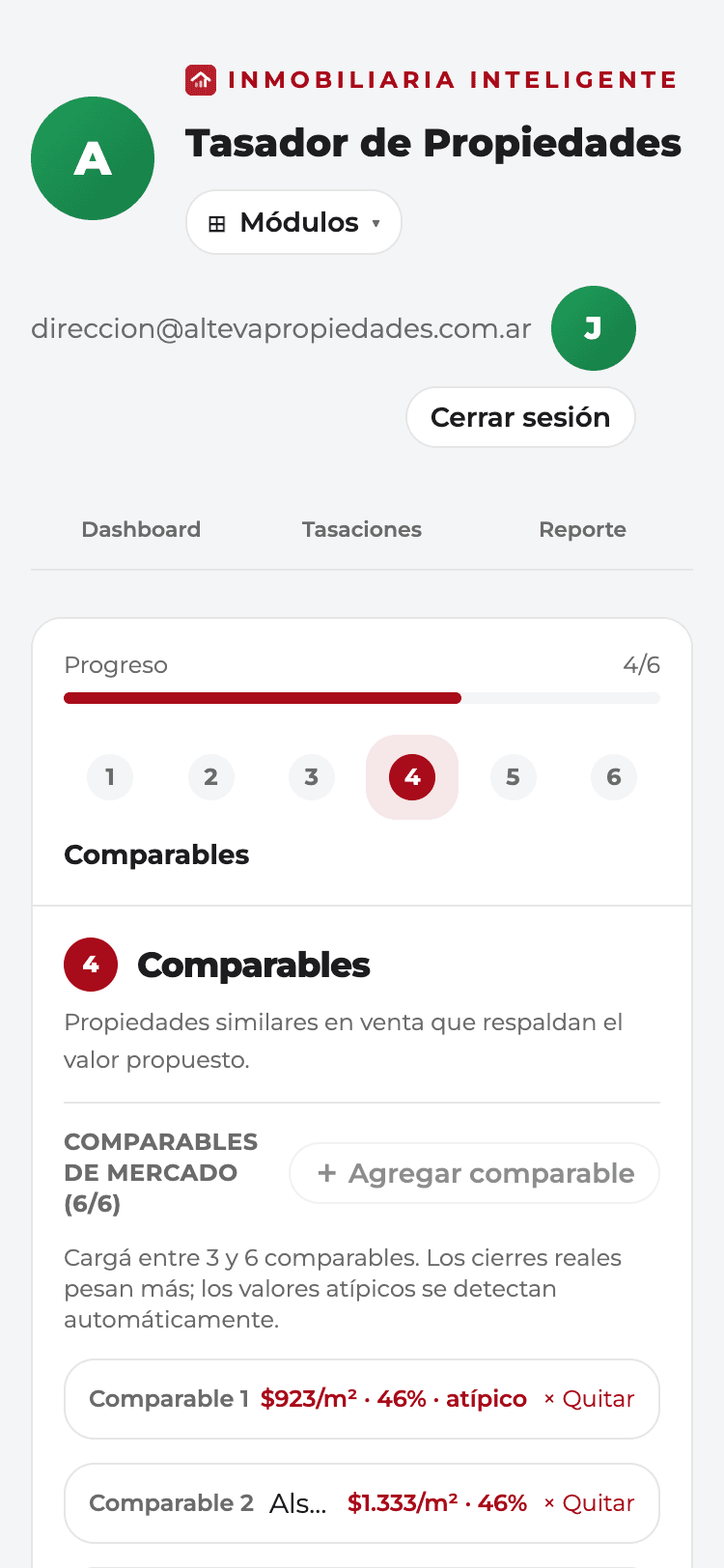 El Tasador en un teléfono, en el paso de comparables: el vendedor carga la tasación en la misma visita.