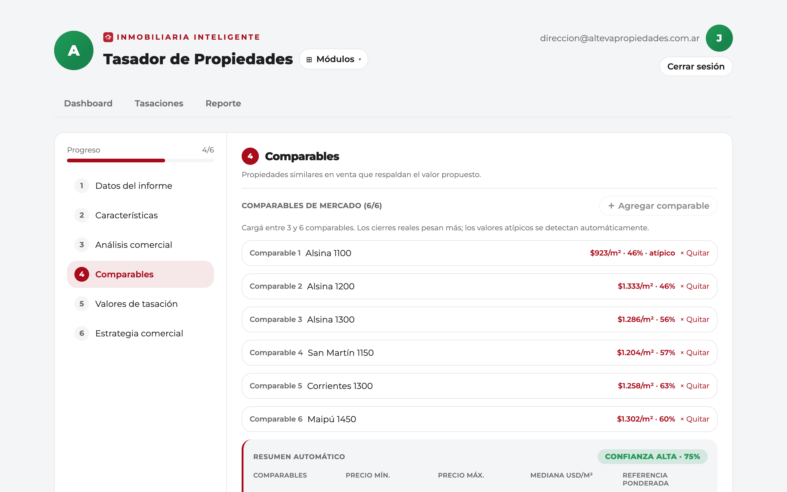 Paso de comparables del Tasador: seis propiedades similares con su precio por metro cuadrado y un resumen automático de confianza.